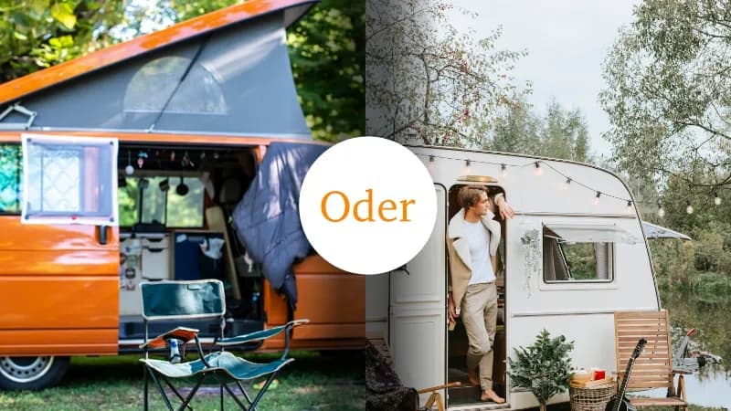 Fotogollage, wo links ein minicamper und rechts ein wohnwagen steht