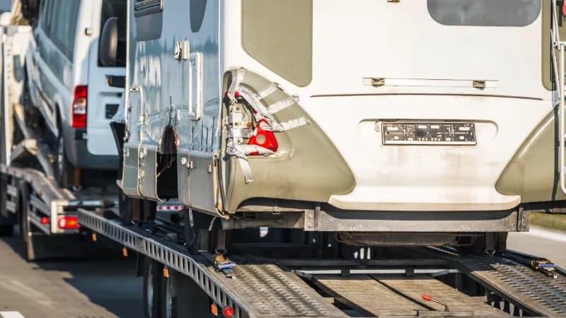 Ein kaputter Camper auf einem Anhänger