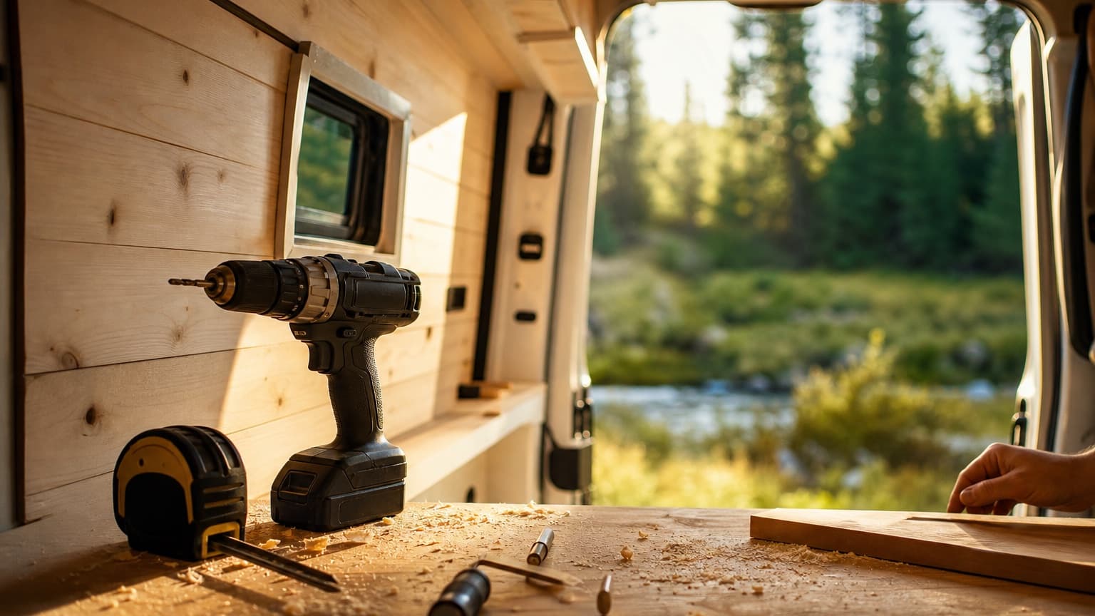 Camper-Selbstausbau: Werkzeug auf der Holzarbeitsfläche, Blick durch die offene Hecktür in die Natur