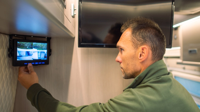 Ein Mann bedient einen Monitor mit Videoüberwachung in einem Minicamper